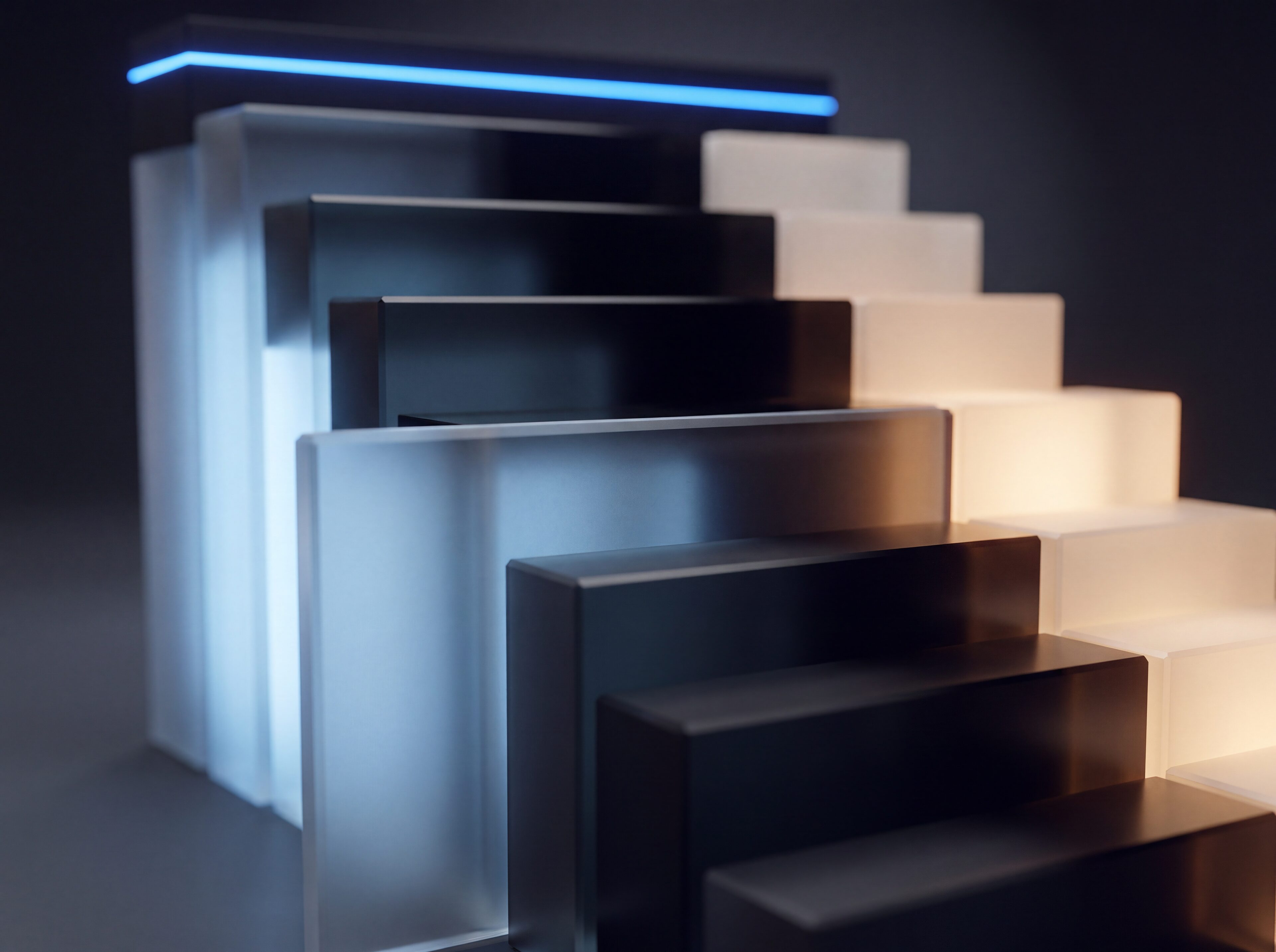 A market price ladder built from layered glass steps with blue and amber glow