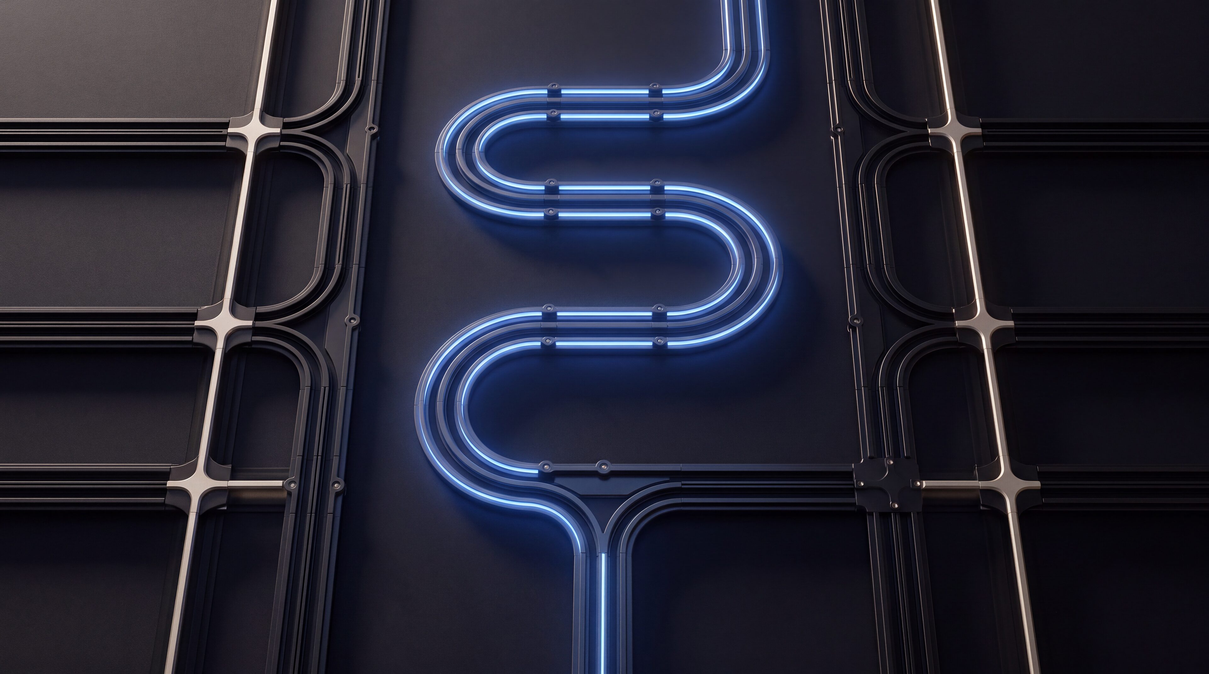 An engineered grid of dark rails with one illuminated route from entry to exit