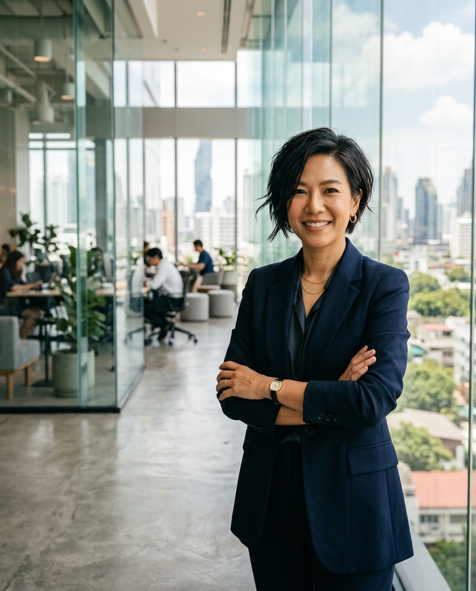 A businesswoman standing with folded arms in a bright modern office — illustrative rendering