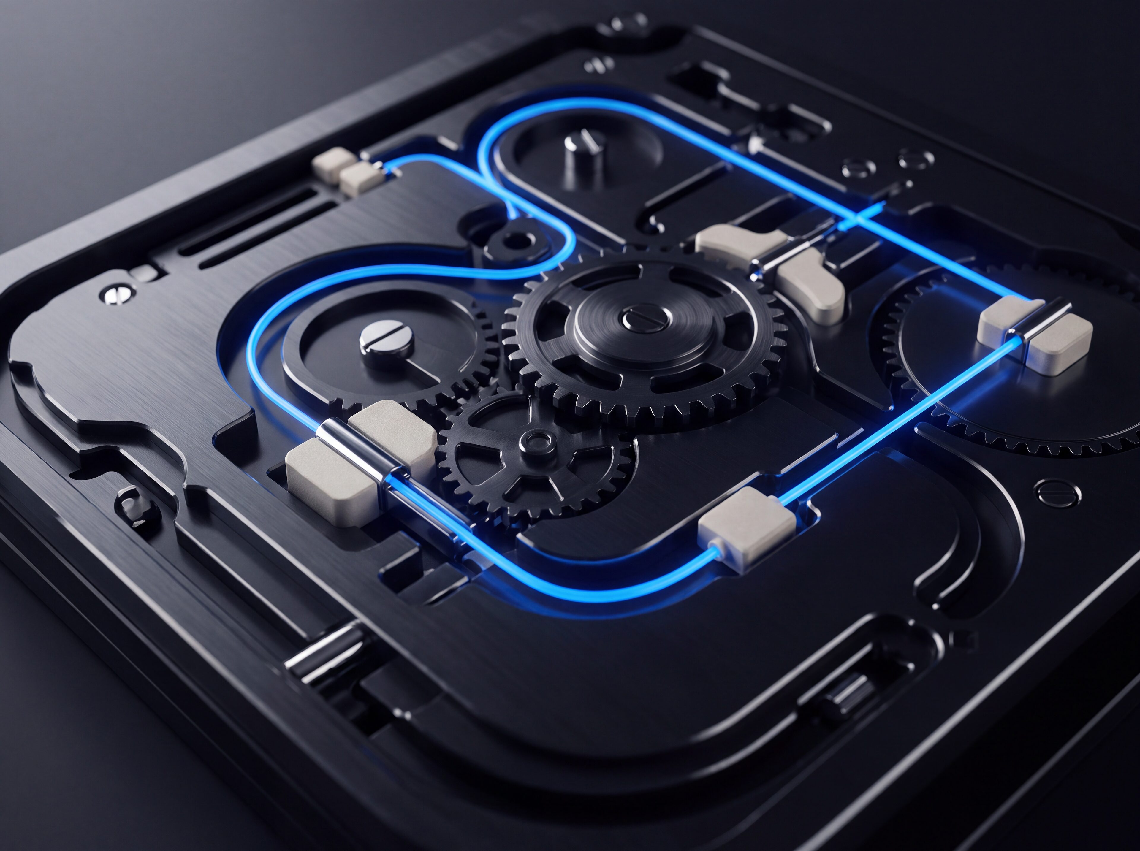 A routed blue light path moving through a precision mechanism of gears and gates