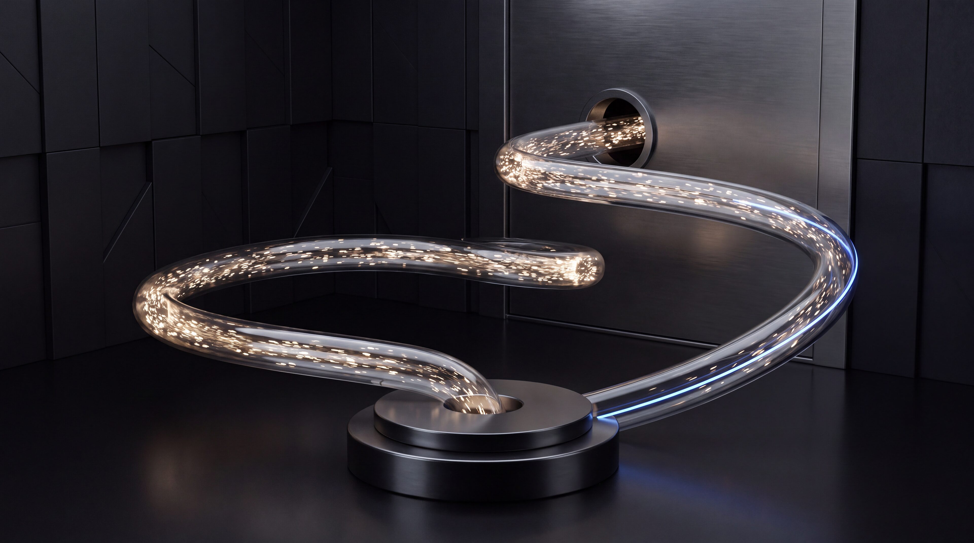 A transparent conduit carrying glowing particles out of a vault back to their origin